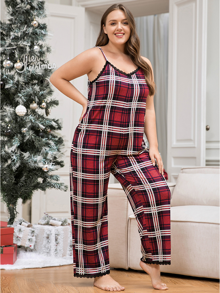 Plus Size Plaid Pocket Lace Trim Cami Jumpsuit Women Multicolor Casual Plaid Lace V-neck Pocket Loungewear BloomChic 26/4X 