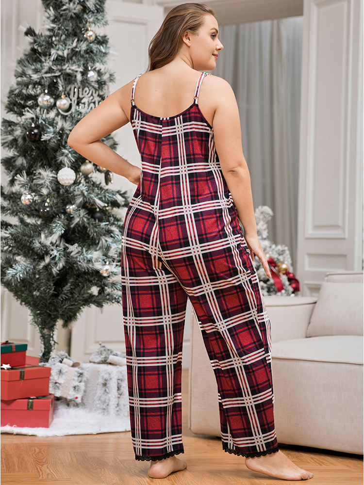Plus Size Plaid Pocket Lace Trim Cami Jumpsuit Women Multicolor Casual Plaid Lace V-neck Pocket Loungewear BloomChic 26/4X 