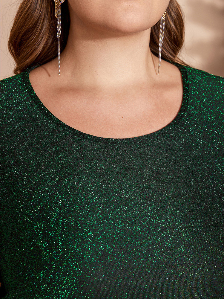 Plus Size Solid Round Neck Split Hem Glitter Dress Emerald Women Party Arc Hem Round Neck Long Sleeve Curvy Midi Dress BloomChic 14-16/1X 