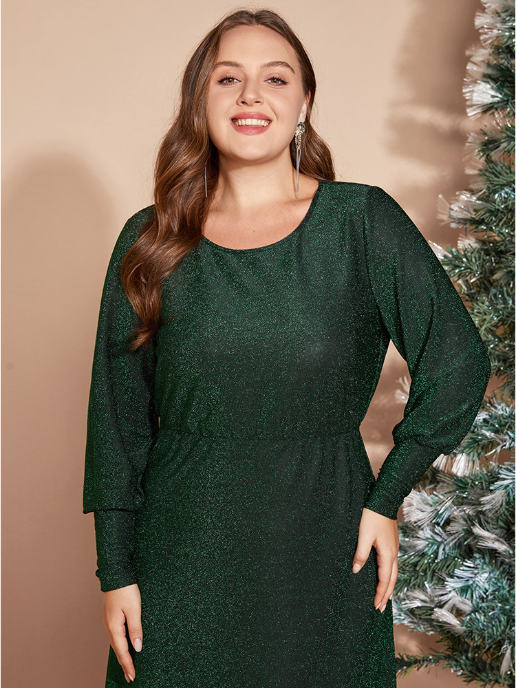 Plus Size Solid Round Neck Split Hem Glitter Dress Emerald Women Party Arc Hem Round Neck Long Sleeve Curvy Midi Dress BloomChic 14-16/1X 