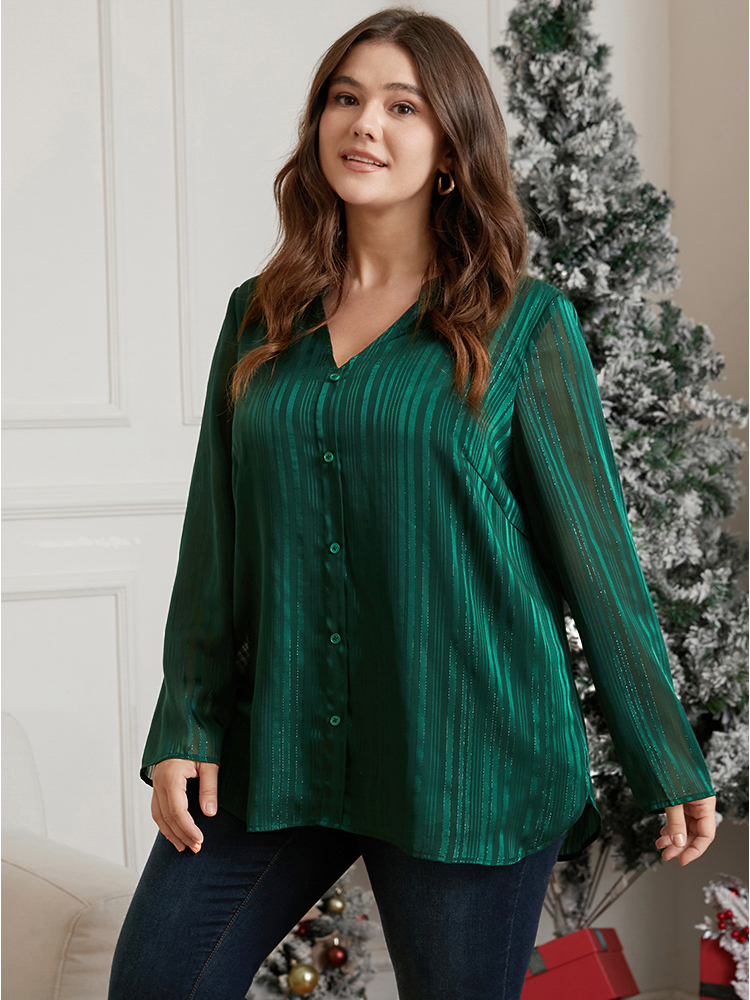 

Plus Size Green Glitter Striped V Neck Button Detail Blouse Women Casual Long Sleeve V-neck Festival-Christmas Blouses BloomChic