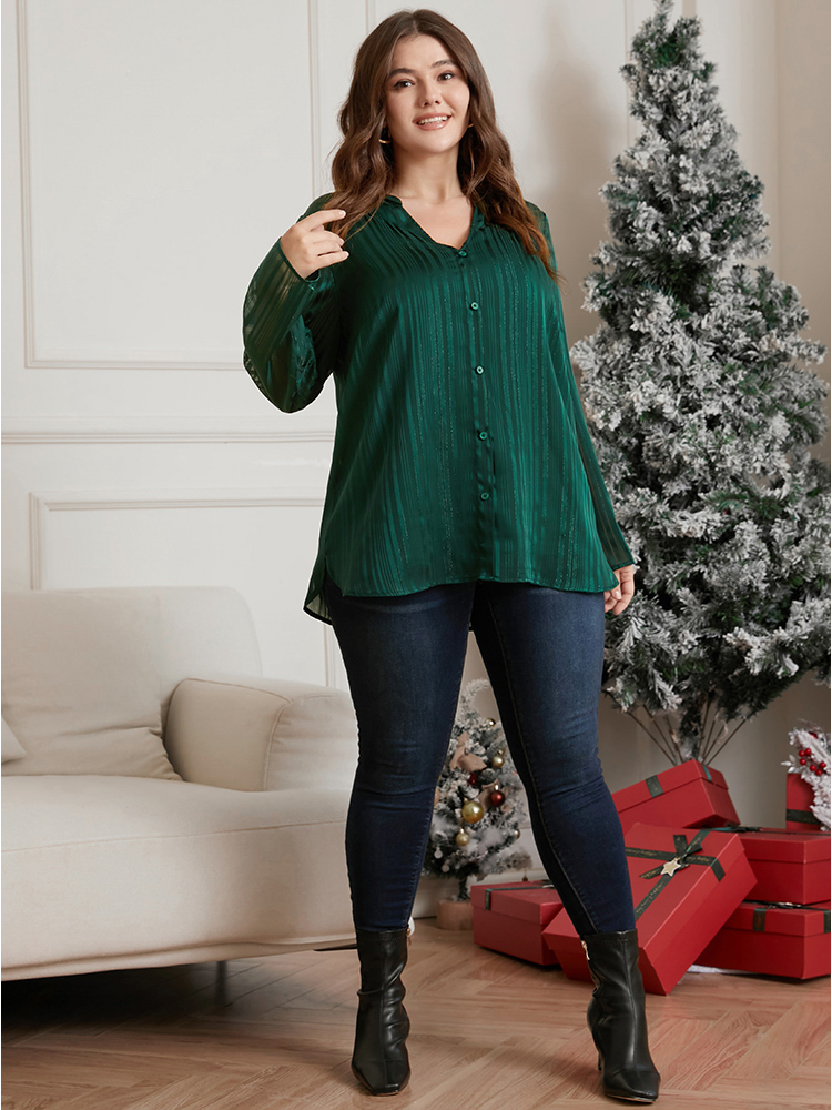 Plus Size Green Glitter Striped V Neck Button Detail Blouse Women Casual Long Sleeve V-neck Festival-Christmas Blouses BloomChic 30/6X 