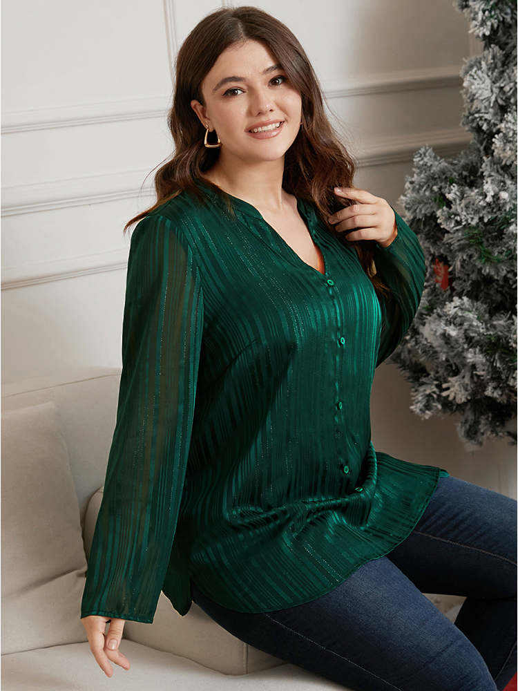 Plus Size Green Glitter Striped V Neck Button Detail Blouse Women Casual Long Sleeve V-neck Festival-Christmas Blouses BloomChic 30/6X 