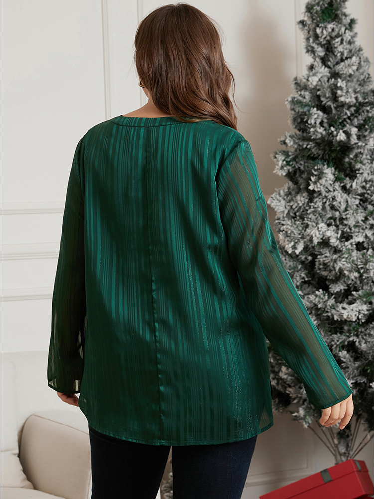 Plus Size Green Glitter Striped V Neck Button Detail Blouse Women Casual Long Sleeve V-neck Festival-Christmas Blouses BloomChic 30/6X 