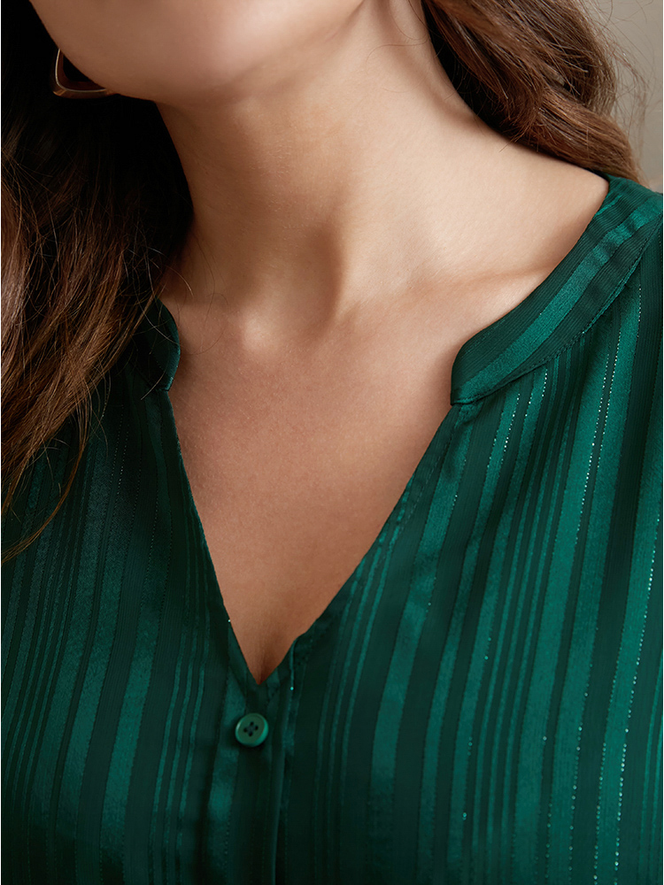 Plus Size Green Glitter Striped V Neck Button Detail Blouse Women Casual Long Sleeve V-neck Festival-Christmas Blouses BloomChic 30/6X 