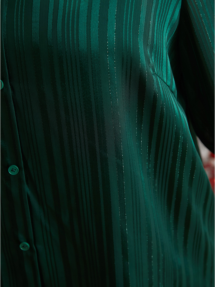 Plus Size Green Glitter Striped V Neck Button Detail Blouse Women Casual Long Sleeve V-neck Festival-Christmas Blouses BloomChic 30/6X 