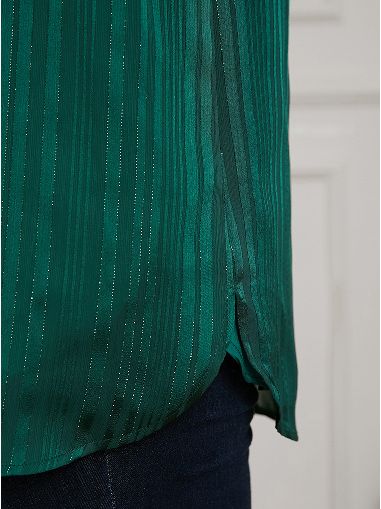 Plus Size Green Glitter Striped V Neck Button Detail Blouse Women Casual Long Sleeve V-neck Festival-Christmas Blouses BloomChic 30/6X 