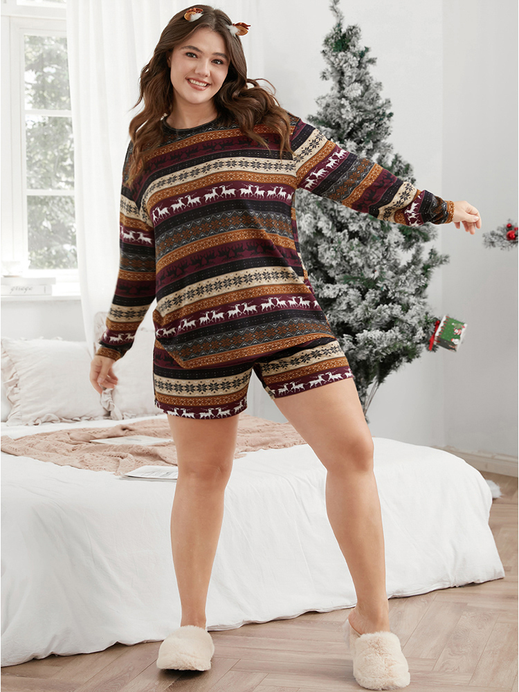 Plus Size Snowflake & Elk Print Pajama Set Women Multicolor Graphic-Christmas Printed Long Sleeve Round Neck Casual Loungewear Sets BloomChic 12/L 