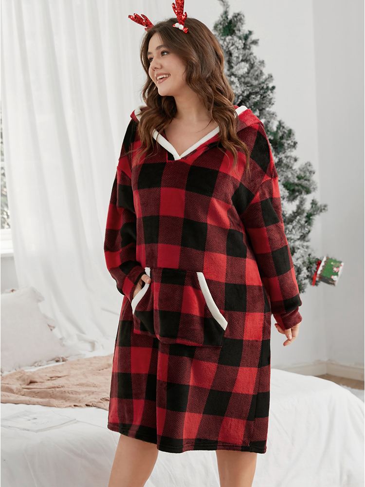 

Plus Size Plaid Fuzzy Trim Pocket Hooded Dress Women Scarlet Casual Plaid Contrast Hooded Pocket Loungewear BloomChic