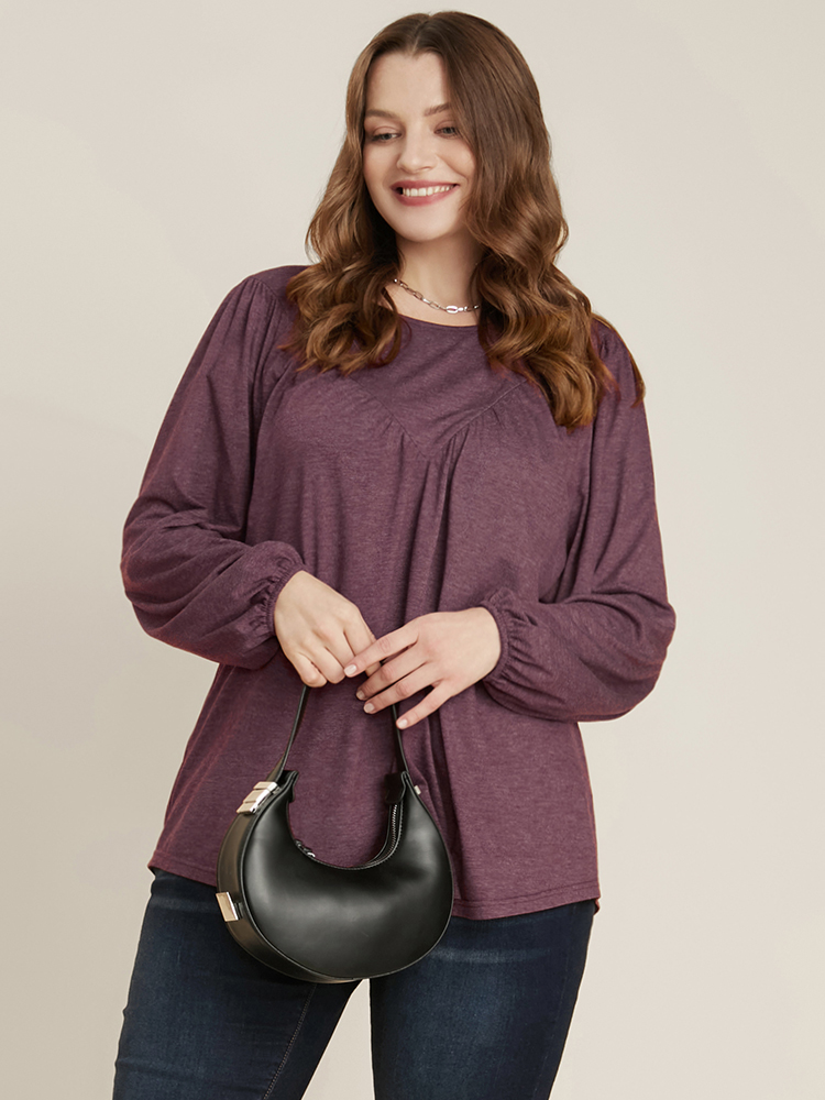 

Plus Size DustyPink Solid Round Neck Gathered Lantern Sleeve Blouse Women Elegant Long Sleeve Round Neck Dailywear Blouses BloomChic