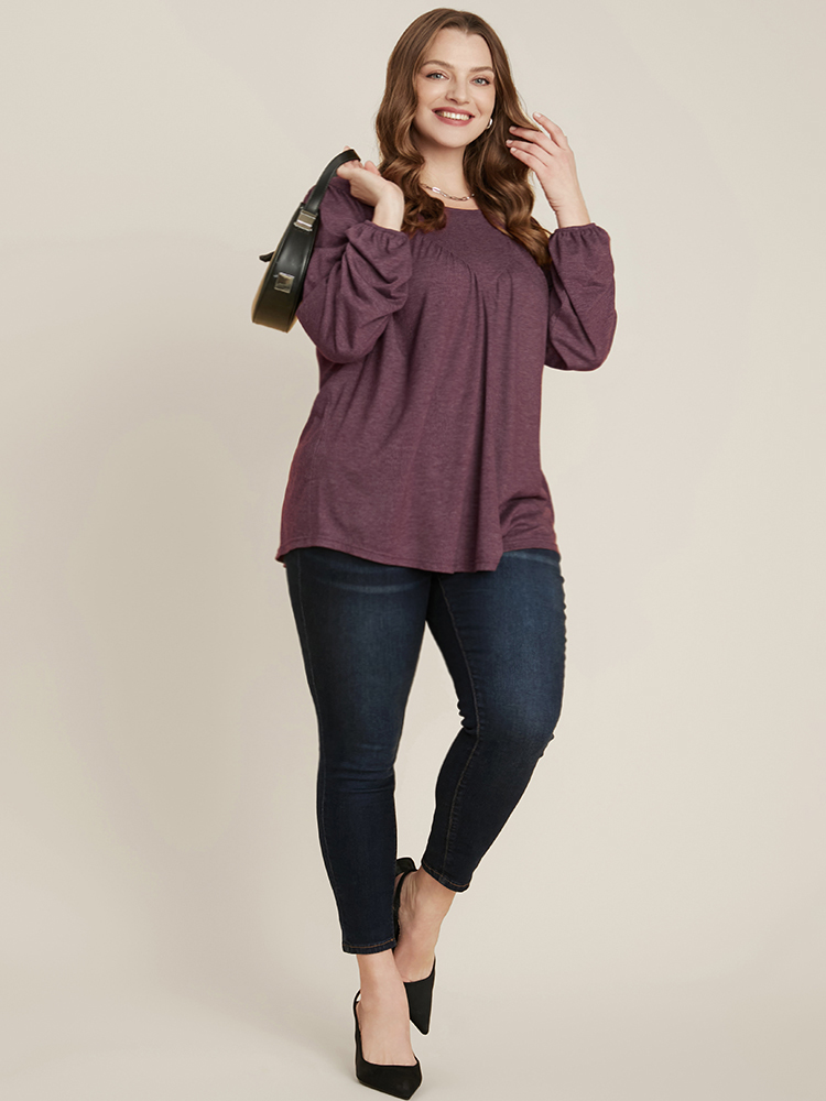 Plus Size Women Dailywear Plain Plain Lantern Sleeve Long Sleeve Round Neck Elegant Blouses BloomChic 