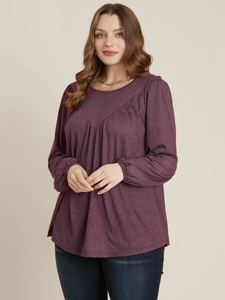 

Plus Size DustyPink Solid Round Neck Gathered Lantern Sleeve Blouse Women Elegant Long Sleeve Round Neck Dailywear Blouses BloomChic