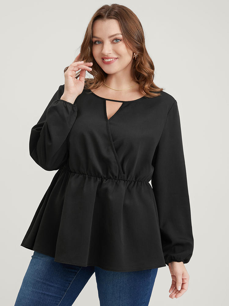 

Plus Size Black Solid Lantern Sleeve Keyhole Round Neck Ruffle Blouse Women Elegant Long Sleeve Round Neck Dailywear Blouses BloomChic