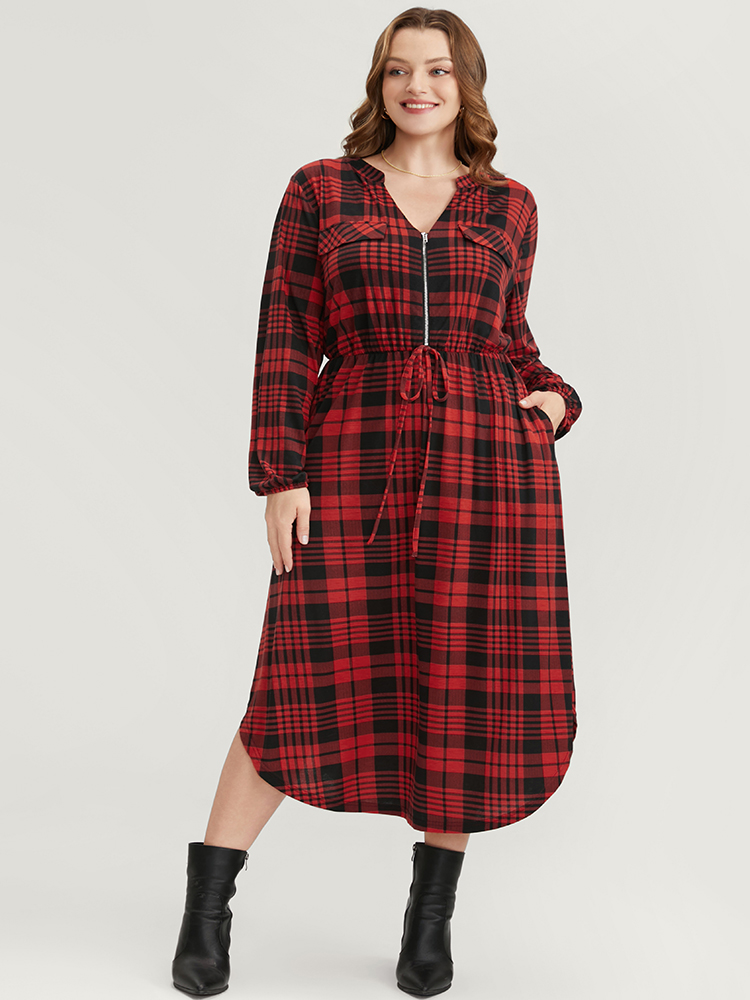 

Plus Size Plaid Zip Up Lantern Sleeve Ties Arc Hem Dress Scarlet Women Casual Elastic Waist V-neck Long Sleeve Curvy Midi Dress BloomChic