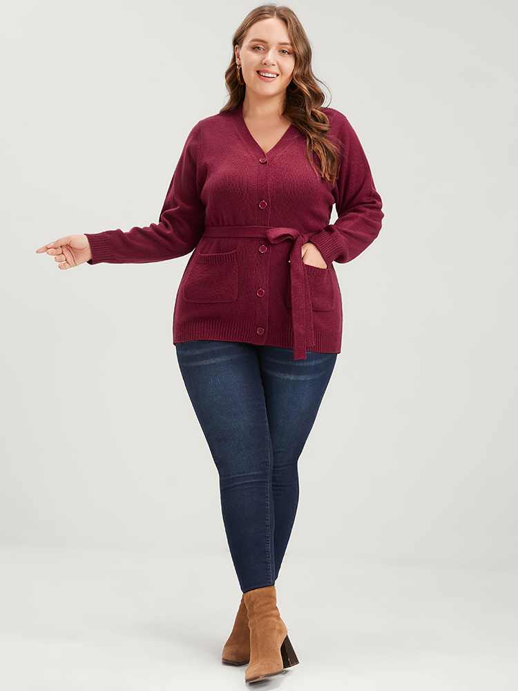 

Plus Size Solid Pointelle Knit Pocket Belted Button Front Cardigan Scarlet Women Casual Loose Long Sleeve Work Cardigans BloomChic