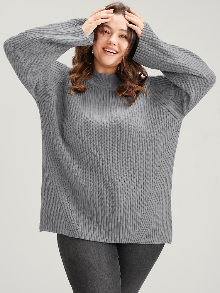 

Plus Size Solid Pointelle Knit Mock Neck Bell Sleeve Split Knit Top Gray Women Casual Loose Long Sleeve Mock Neck Dailywear Pullovers BloomChic