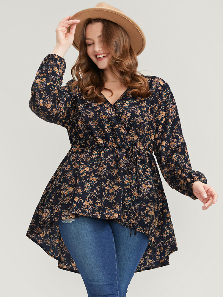 

Plus Size Indigo Floral Wrap Lantern Sleeve High Low Hem Blouse Without Hat Women Elegant Long Sleeve V-neck Dailywear Blouses BloomChic