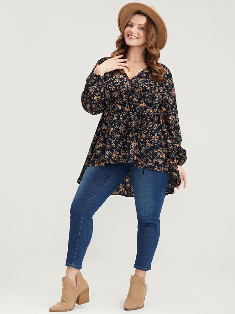 Plus Size Indigo Floral Wrap Lantern Sleeve High Low Hem Blouse Without Hat Women Elegant Long Sleeve V-neck Dailywear Blouses BloomChic 12/L 