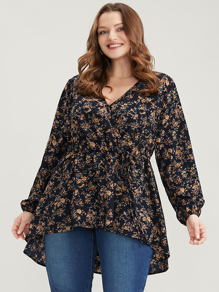 Plus Size Indigo Floral Wrap Lantern Sleeve High Low Hem Blouse Without Hat Women Elegant Long Sleeve V-neck Dailywear Blouses BloomChic 12/L 