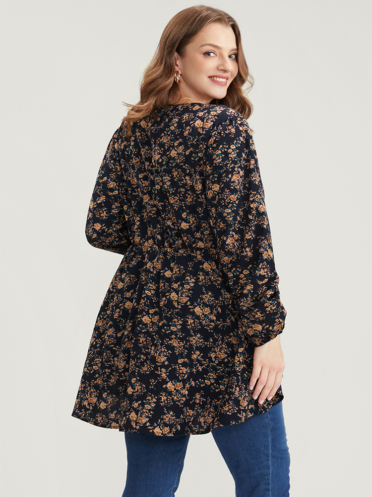 Plus Size Indigo Floral Wrap Lantern Sleeve High Low Hem Blouse Without Hat Women Elegant Long Sleeve V-neck Dailywear Blouses BloomChic 12/L 