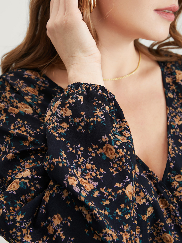 Plus Size Indigo Floral Wrap Lantern Sleeve High Low Hem Blouse Without Hat Women Elegant Long Sleeve V-neck Dailywear Blouses BloomChic 12/L 