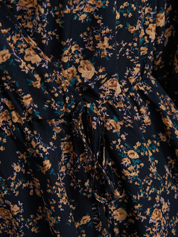 Plus Size Indigo Floral Wrap Lantern Sleeve High Low Hem Blouse Without Hat Women Elegant Long Sleeve V-neck Dailywear Blouses BloomChic 12/L 