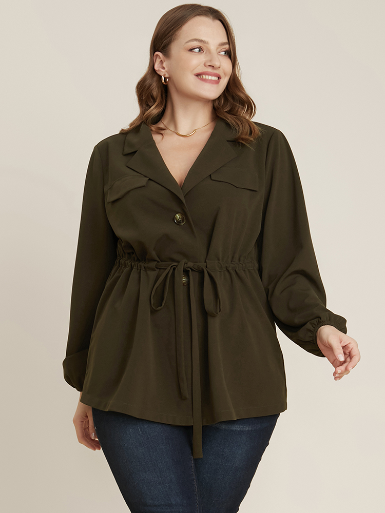 

Plus Size ArmyGreen Solid Suit Collar Lantern Sleeve Button Up Drawstring Blouse Women Office Long Sleeve Suit Collar Work Blouses BloomChic