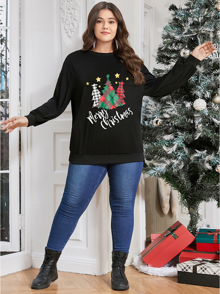 Plus Size Tree & Letter Print Drop Shoulder Sweatshirt Women Black Casual Printed Dailywear Sweatshirts BloomChic 14-16/1X 
