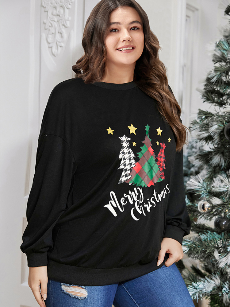 Plus Size Tree & Letter Print Drop Shoulder Sweatshirt Women Black Casual Printed Dailywear Sweatshirts BloomChic 14-16/1X 