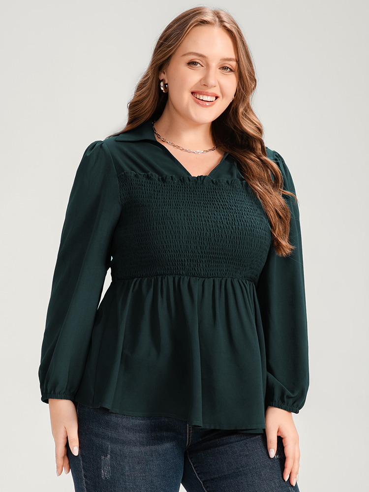 

Plus Size DarkGreen Solid Lantern Sleeve Shirred Ruffles Blouse Women Office Long Sleeve Shirt collar Work Blouses BloomChic