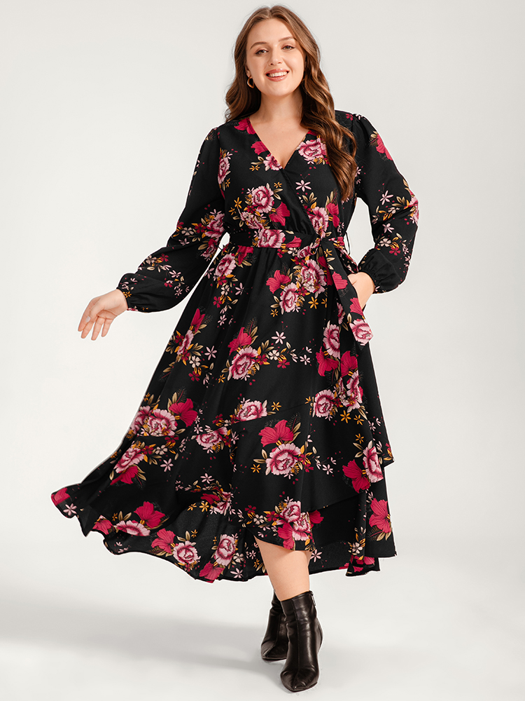 

Plus Size Floral Ruffle Lantern Sleeve Pocket Belted Asymmetrical Hem Dress Black Women Elegant Cross straps V-neck Long Sleeve Curvy Long Dress BloomChic