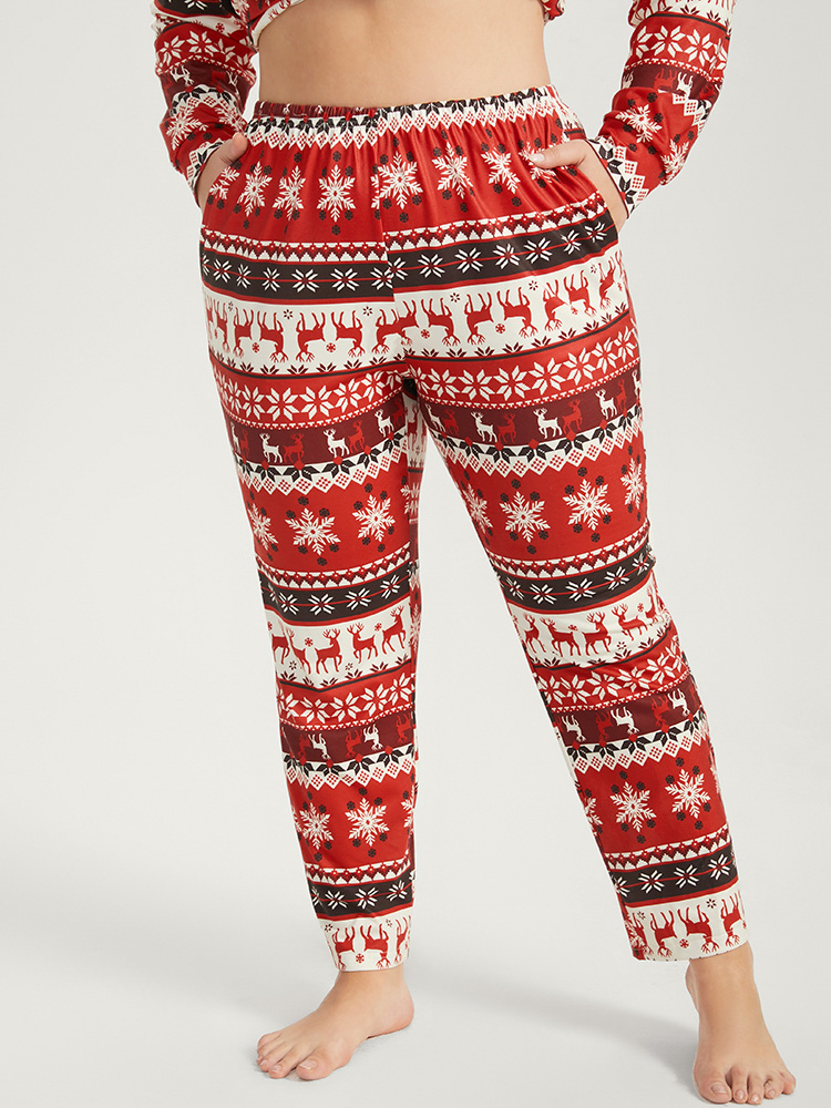 

Plus Size Snowflake & Elk Print Pocket Sleep Pants Red Pocket Casual Festival-Christmas Graphic-Christmas Sleep Bottoms  Bloomchic