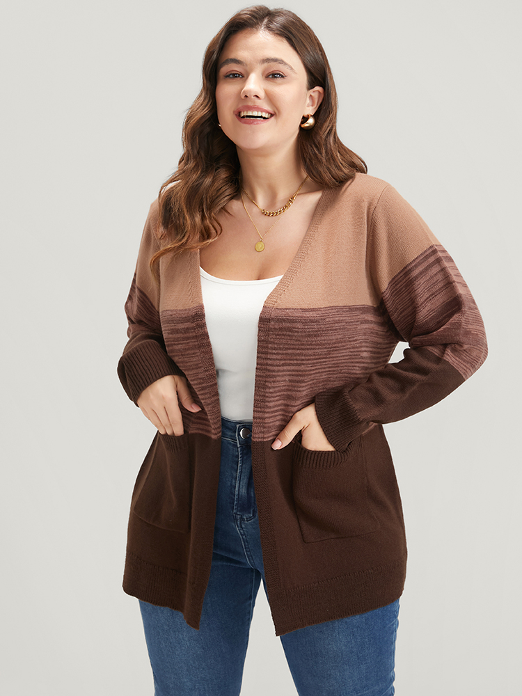 

Plus Size Colorblock Contrast Pointelle Knit Pocket Belted Open Front Cardigan Multicolor Women Casual Loose Long Sleeve Dailywear Cardigans BloomChic