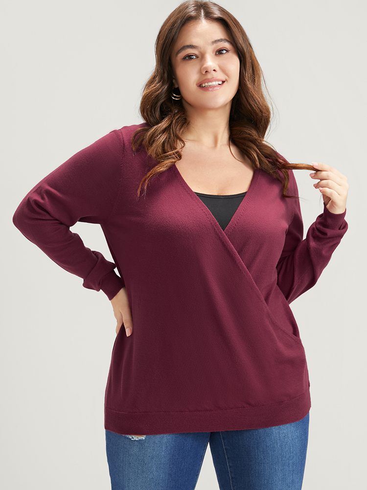 

Plus Size Solid Super Soft Knit Surplice Neck Knit Top Scarlet Women Casual Long Sleeve Dailywear Pullovers BloomChic