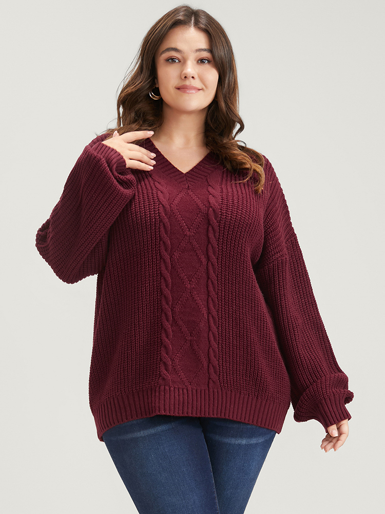 

Plus Size Solid Pointelle Knit V Neck Loose Geometric Cable Knit Top Rust Women Elegant Loose Long Sleeve Dailywear Pullovers BloomChic