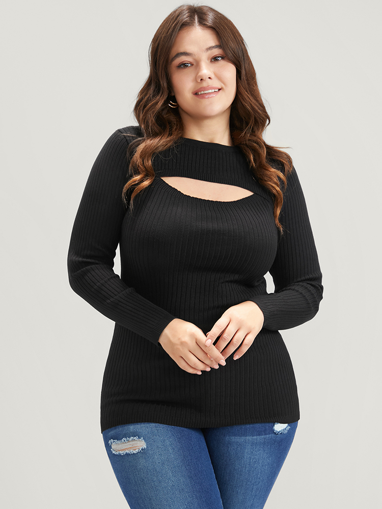 

Plus Size Solid Super Soft Rib Knit Cut Out Knit Top Black Women Elegant Bodycon Long Sleeve Round Neck Dailywear Pullovers BloomChic