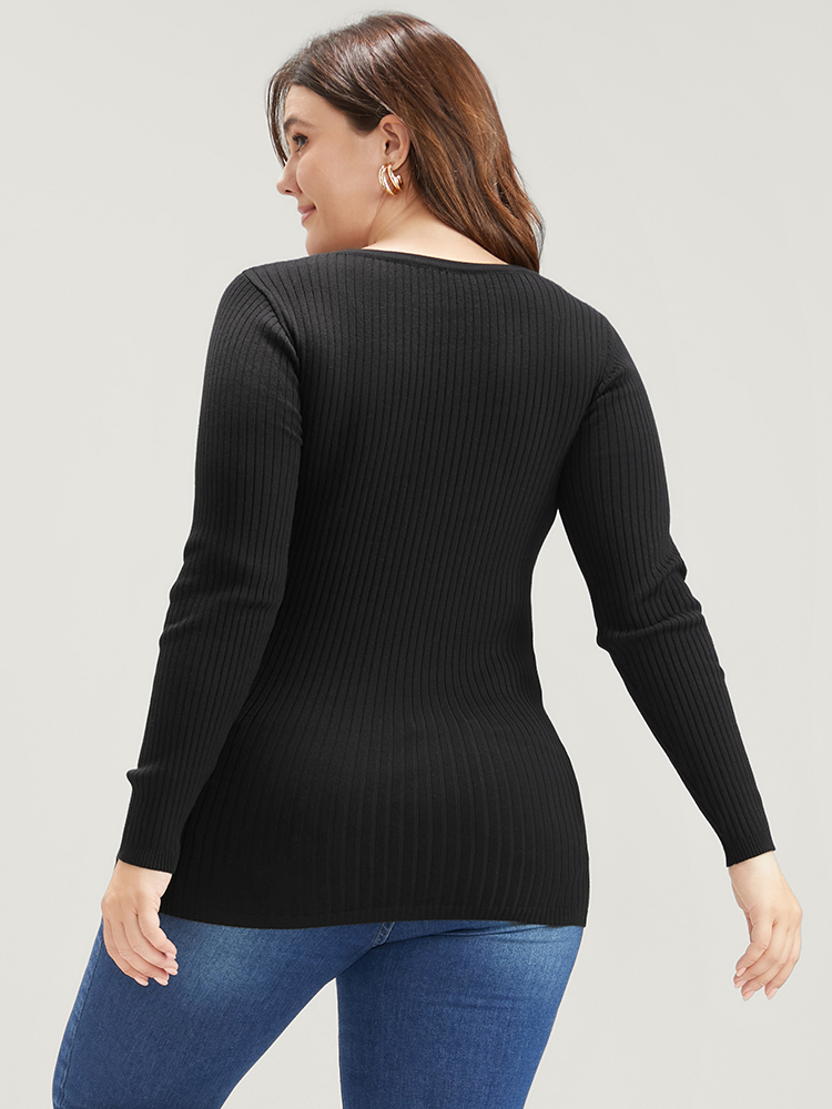 

Plus Size Solid Super Soft Rib Knit Cut Out Knit Top Black Women Elegant Bodycon Long Sleeve Round Neck Dailywear Pullovers BloomChic