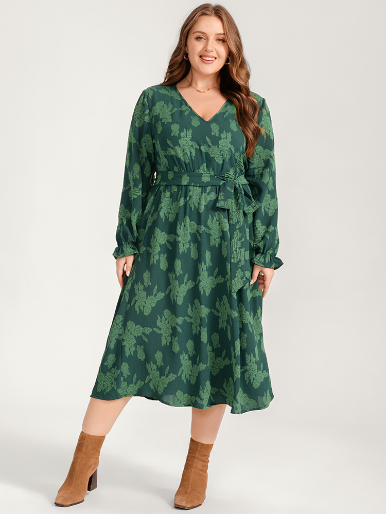 

Plus Size Floral Print Lantern Sleeve Pocket Belted Midi Dress Green Women Elegant Pocket V-neck Long Sleeve Curvy Midi Dress BloomChic