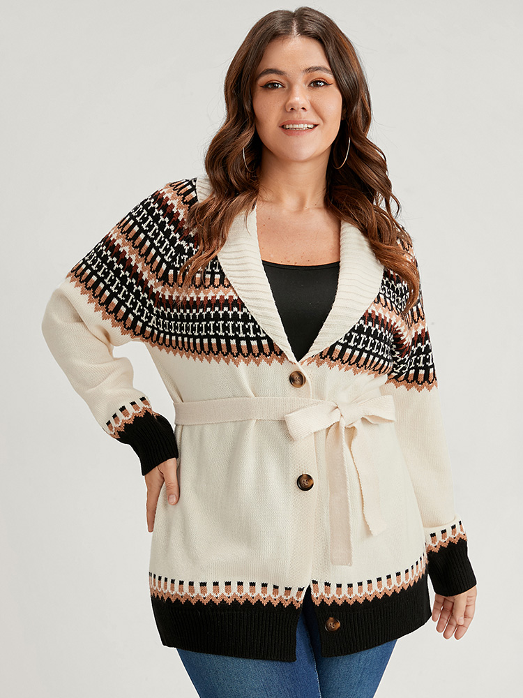 

Plus Size Fair Isle Pointelle Knit Belted Jacquard Button Front Cardigan Multicolor Women Casual Loose Long Sleeve Dailywear Cardigans BloomChic