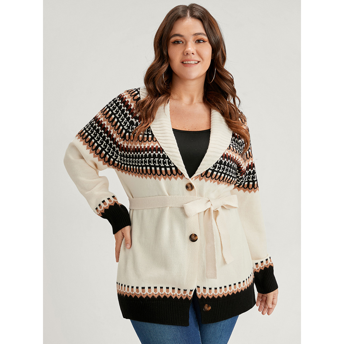 

Plus Size Fair Isle Pointelle Knit Belted Jacquard Button Front Cardigan Multicolor Women Casual Loose Long Sleeve Dailywear Cardigans BloomChic