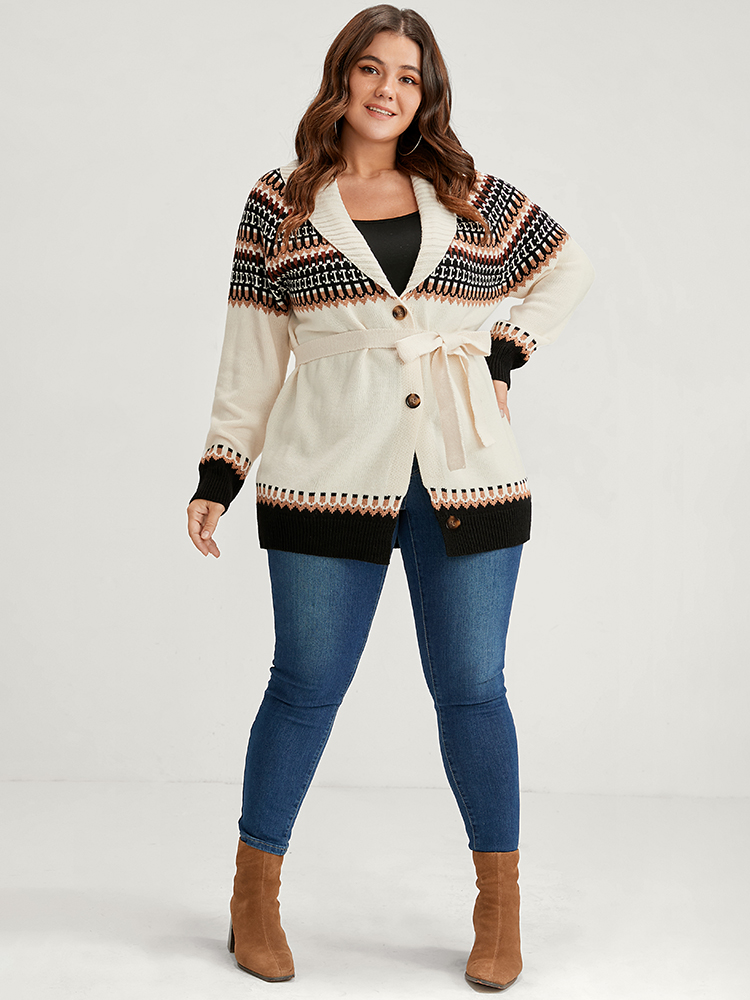 Plus Size Fair Isle Pointelle Knit Belted Jacquard Button Front Cardigan Multicolor Women Casual Loose Long Sleeve Dailywear Cardigans BloomChic 18-20/2X 