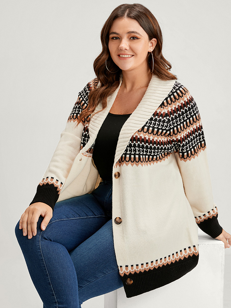 Plus Size Fair Isle Pointelle Knit Belted Jacquard Button Front Cardigan Multicolor Women Casual Loose Long Sleeve Dailywear Cardigans BloomChic 18-20/2X 