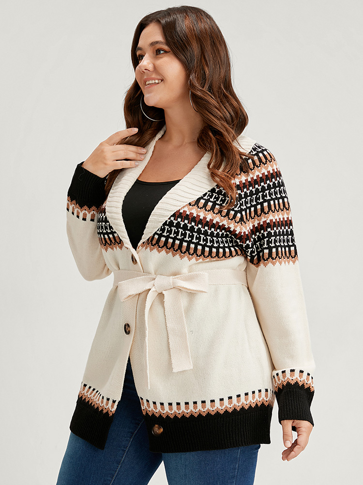 Plus Size Fair Isle Pointelle Knit Belted Jacquard Button Front Cardigan Multicolor Women Casual Loose Long Sleeve Dailywear Cardigans BloomChic 18-20/2X 