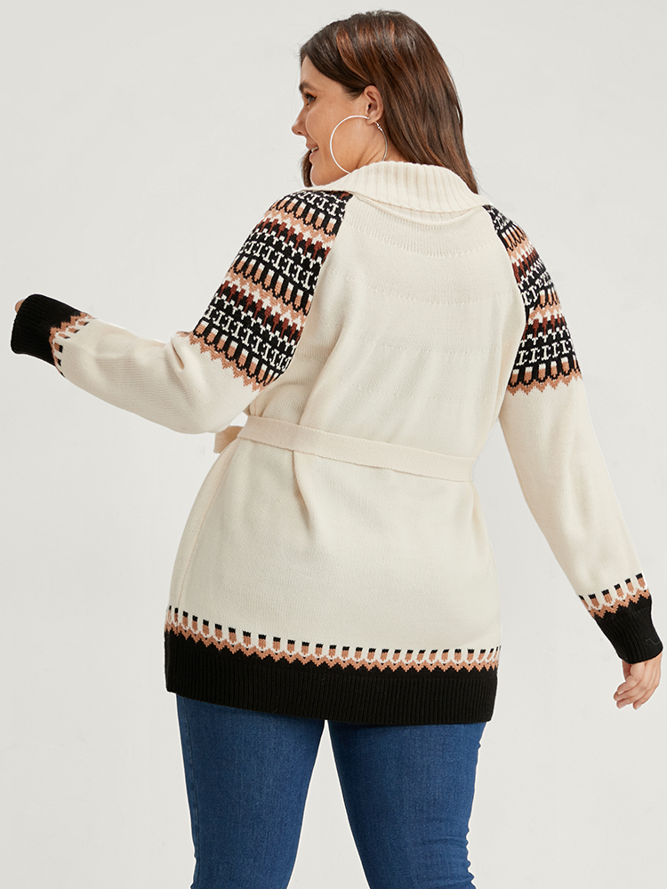 Plus Size Fair Isle Pointelle Knit Belted Jacquard Button Front Cardigan Multicolor Women Casual Loose Long Sleeve Dailywear Cardigans BloomChic 18-20/2X 