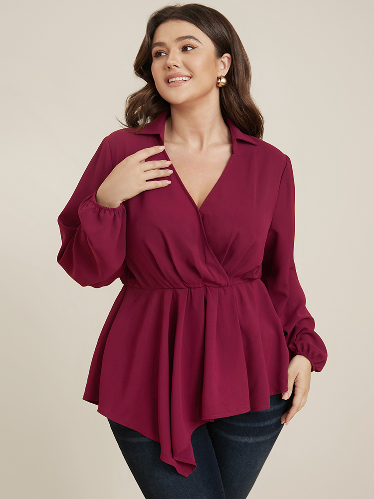 

Plus Size Scarlet Solid Lantern Sleeve Surplice Neck Asymmetrical Hem Blouse Women Office Long Sleeve V-neck Work Blouses BloomChic