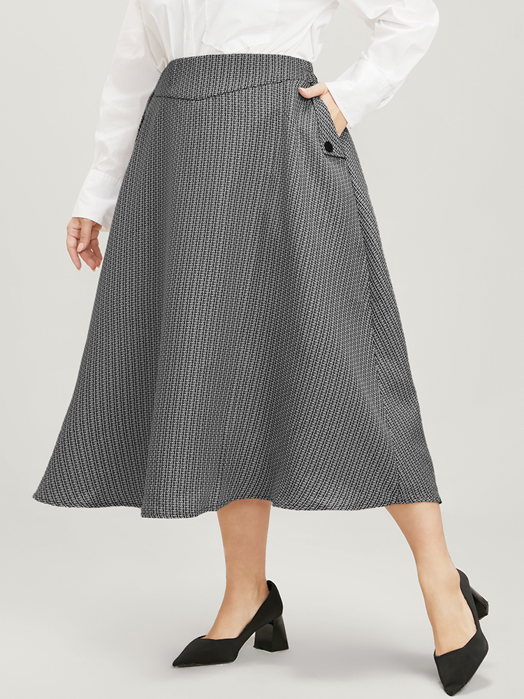 

Plus Size Contrast Button Detail Elastic Waist Pocket Tweed Skirt Women Black Office Elastic Waist No stretch Pocket Work Skirts BloomChic