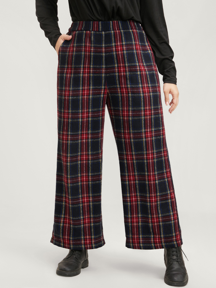 

Plus Size Plaid Elastic Waist Pocket High Rise Pants Women Black Elegant High Rise Dailywear Pants BloomChic