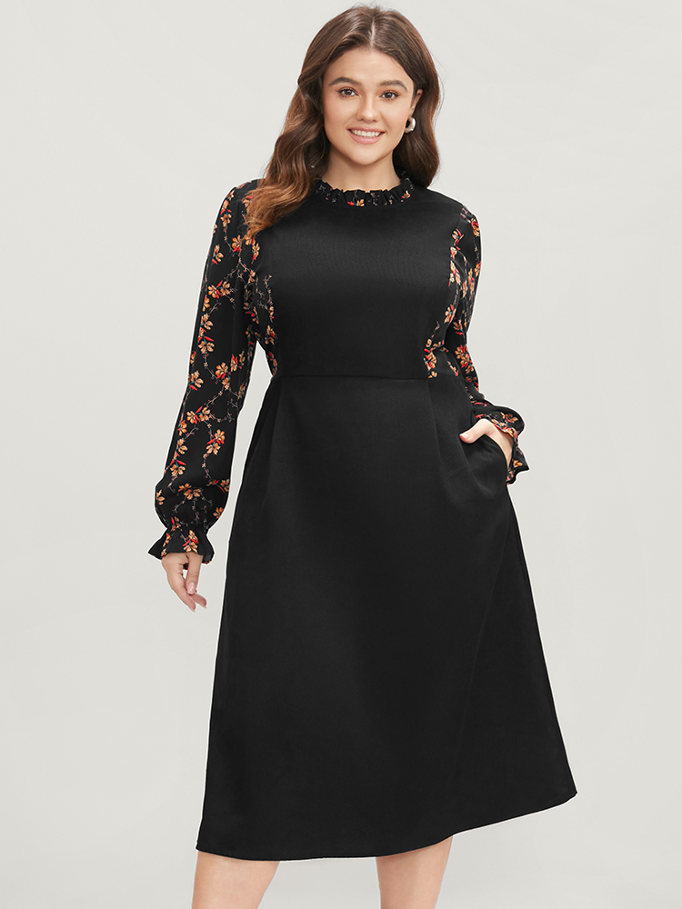 

Plus Size Floral Patchwork Ruffle Trim Pocket Zipper Dress Black Women Elegant Zipper Stand-up collar Long Sleeve Curvy Midi Dress BloomChic