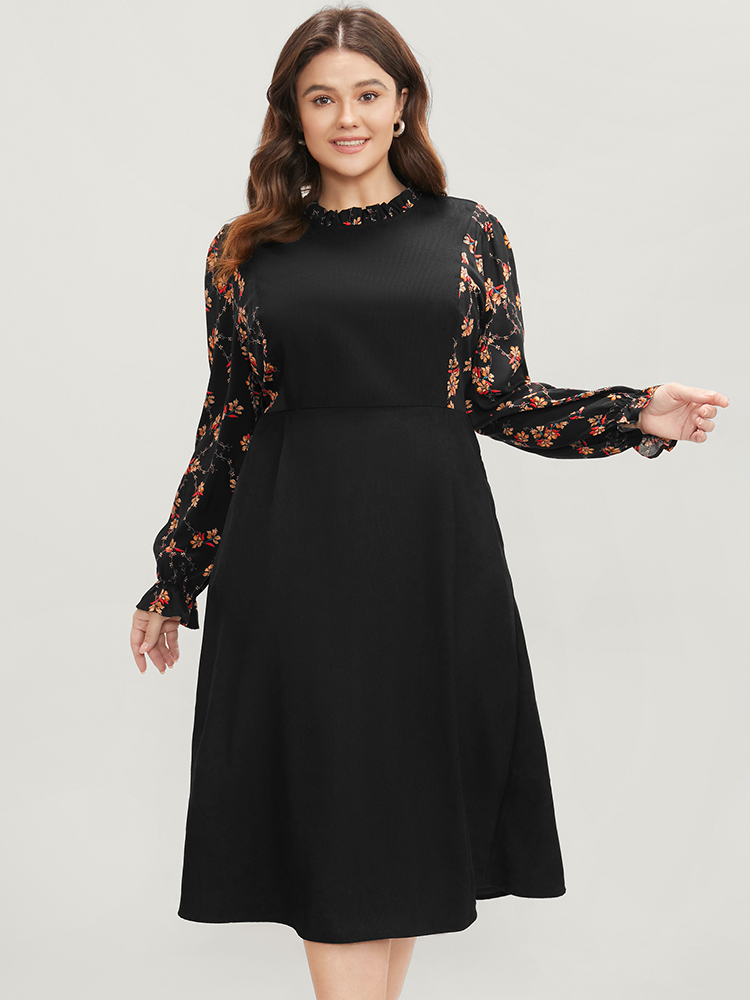 

Plus Size Floral Patchwork Ruffle Trim Pocket Zipper Dress Black Women Elegant Zipper Stand-up collar Long Sleeve Curvy Midi Dress BloomChic