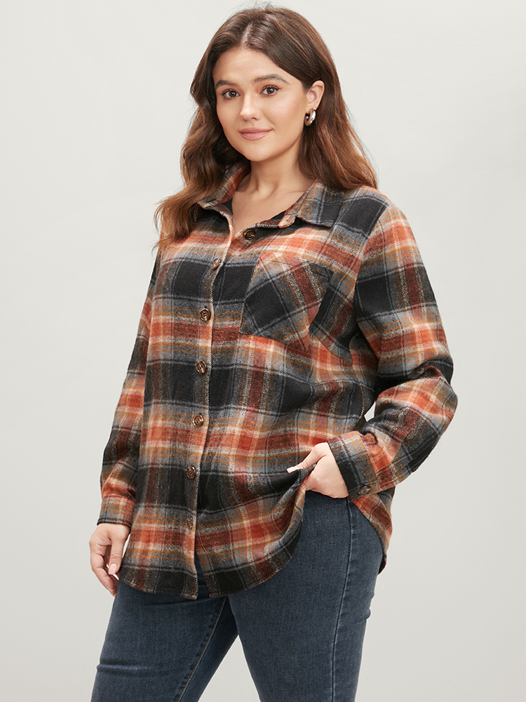 

Plus Size Plaid Button Down Pocket Arc Hem Blouse Multicolor Long Sleeve Shirt collar Casual Shirts